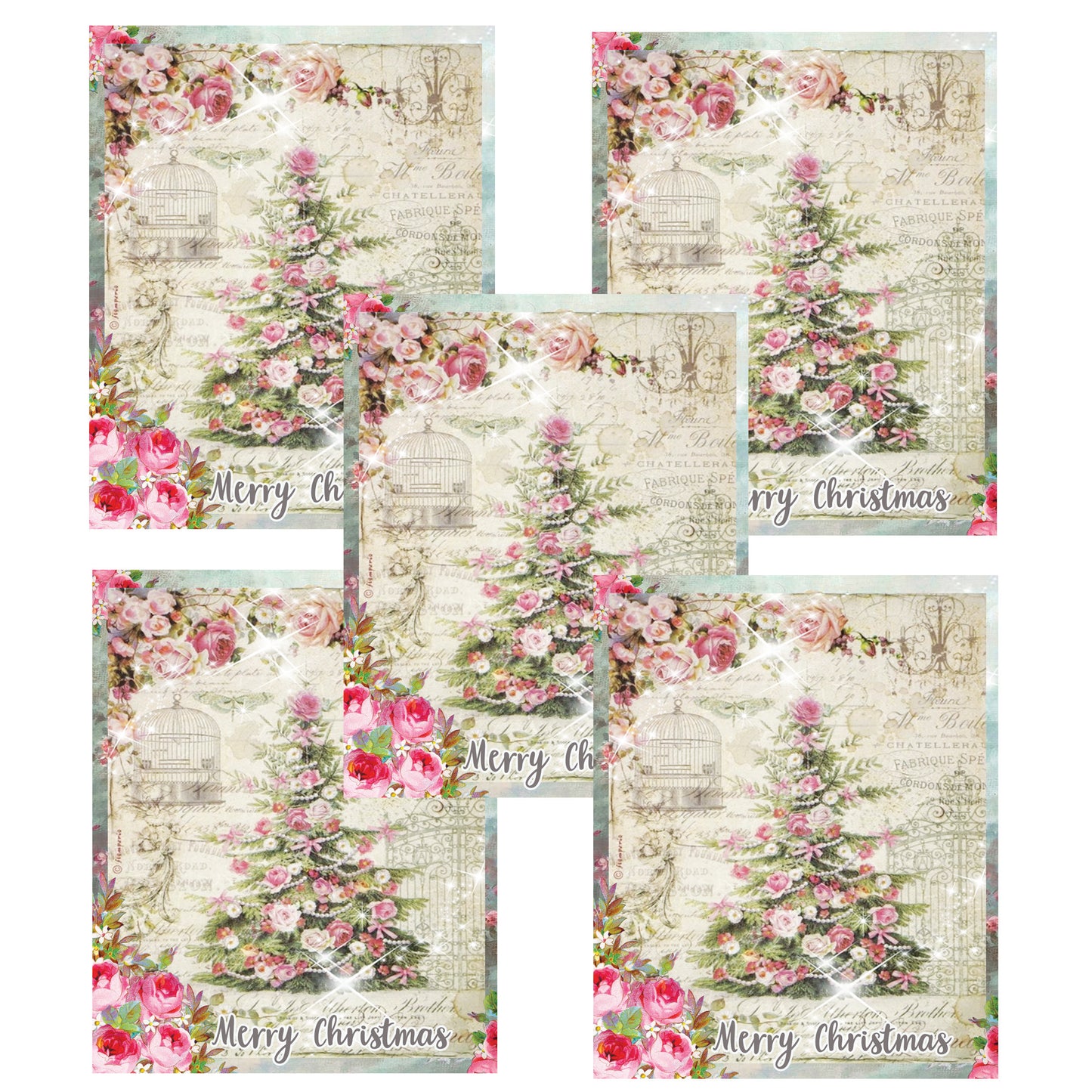 Christmas Tree Decoupage Prints Set Of 5 Size 8x10” Prints